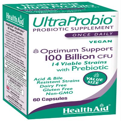 HealthAid UltraProbio, 100 Billion 60ct Once Daily Capsules, Optimum Support 100 Billion with Prebiotic, Acid & Bile Resistant, Dairy & Gluten Free, Non-GMO, Vegan, 14 Viable Strins.