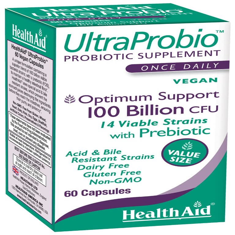 HealthAid UltraProbio, 100 Billion 60ct Once Daily Capsules, Optimum Support 100 Billion with Prebiotic, Acid & Bile Resistant, Dairy & Gluten Free, Non-GMO, Vegan, 14 Viable Strins.
