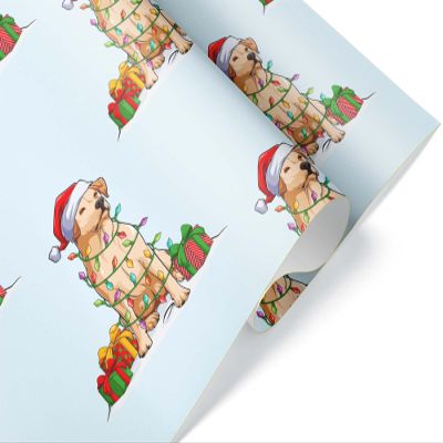 Cute Christmas Golden Retriever Wrapping Paper, X-Mas Santa Hat Lights Dog Gift Wrap, Puppy Holiday Party Decoration Decor (12 foot x 30 inch roll)