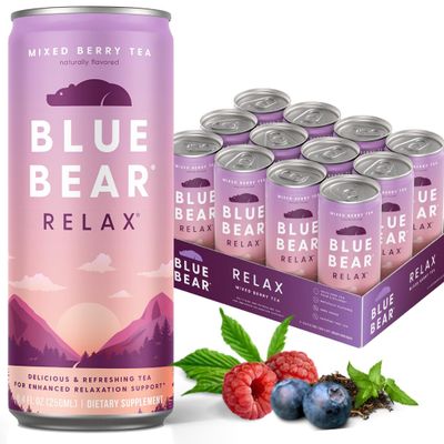 Blue Bear Relax - Natural Calming Tea, Mixed Berry Herbal Tea Infusion, Canned Drink, Lavender, Lemon Balm and Chamomile, Vegan and Caffeine-Free, Zero Sugar, 8.4 fl oz, Pack of 12