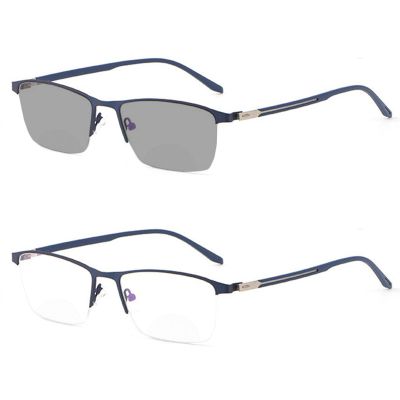 Transition Photochromic Bifocal Reading Glasses for Men Business rectangle half frame UV Protection Sunglasses Readers 0~+4.00 (blue, 100 magnification)
