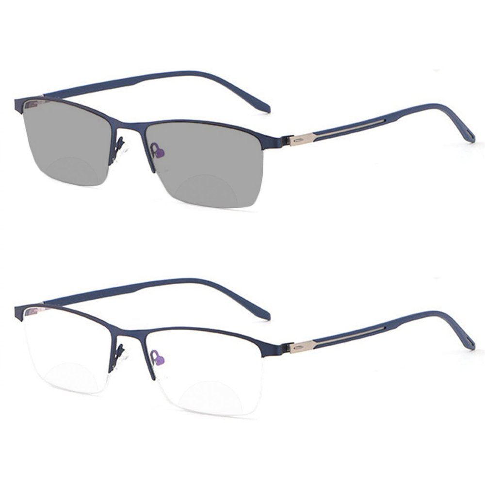 Transition Photochromic Bifocal Reading Glasses for Men Business rectangle half frame UV Protection Sunglasses Readers 0~+4.00 (blue, 100 magnification)