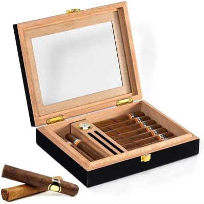 HongLianRiven Cigar Box Humidor Glass Top Cigar Humidor, Humidifier Storage Box for 50-80 Cigars Case for Moisture Control