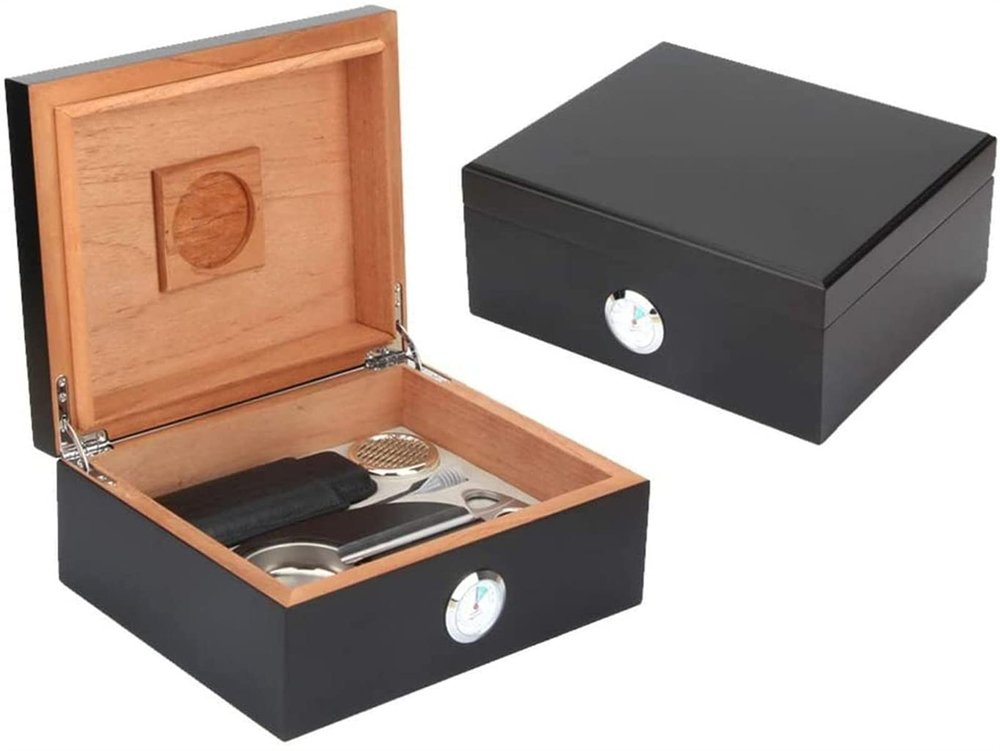 HongLianRiven Cigar Box Humidor Cigar Humidor, Storage Box Case with Hygrometer, Humidifier, Cigar Case, Ashtray, Cigar Cutter and Dropper (Color : Black)