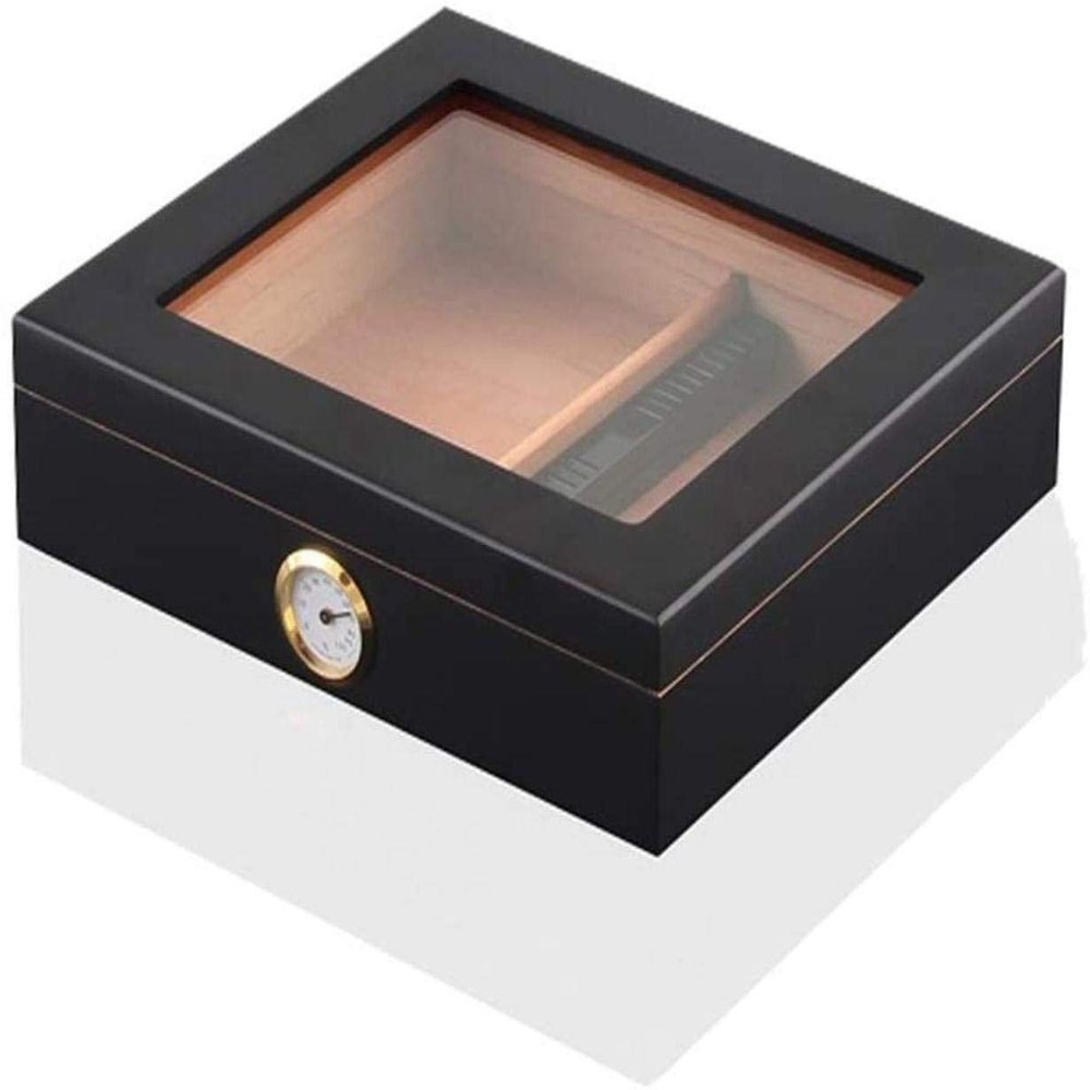 HongLianRiven Cigar Box Humidor Cigar Humidors, Desktop Humidor,Tempered Glasstop, Cedar Divider, and Brass Ring Glass Hygrometer (Color : Black)