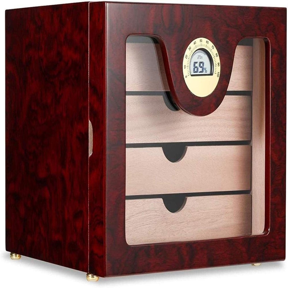 HongLianRiven Cigar Box Humidor Front Glass Cigar Humidor Humidifier Storage Box 4-Layer Cedar Trays