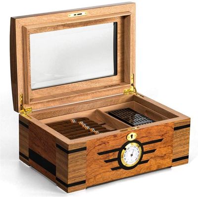 HongLianRiven Cigar Box Humidor Cigar Humidor, Storage Box with Hygrometer, Humidifier and Security Lock, Layered Design