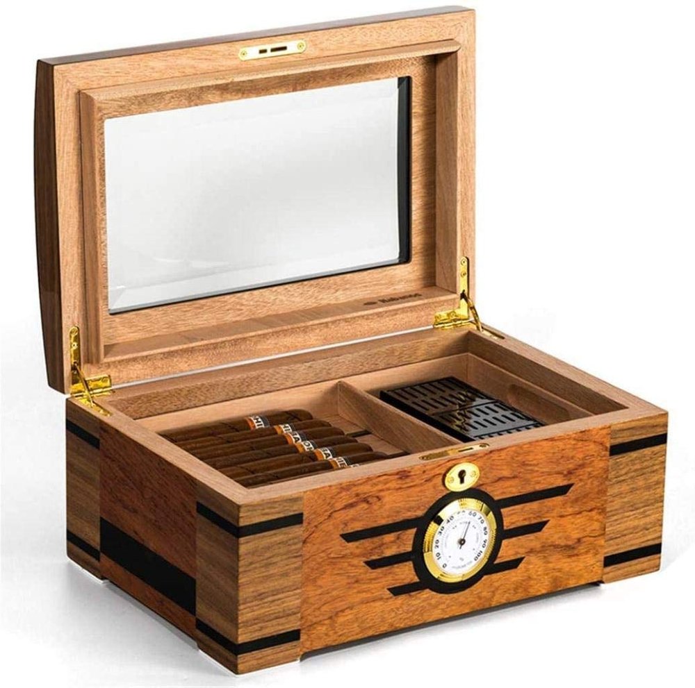 HongLianRiven Cigar Box Humidor Cigar Humidor, Storage Box with Hygrometer, Humidifier and Security Lock, Layered Design