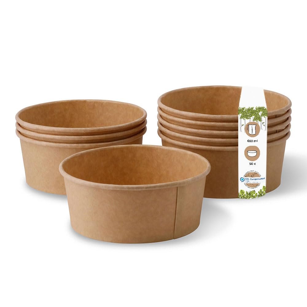 GREENBOX Kraft Cardboard Bowls, 650 ml, Pack of 50 Compostable Soup Bowls Made of Kraft Cardboard, Salad Bowl with PLA Inner Coating, to-Go Tableware Without Plastic, Cardboard Bowls, Brown, Round
