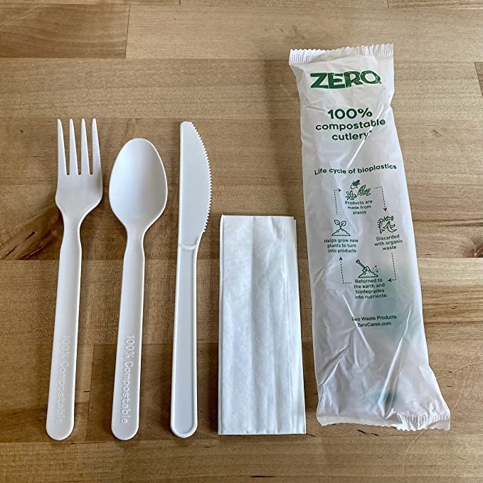 ZERO Waste 7" Heavyduty Compostable CPLA Cutlery Kits, (Fork, Spoon, Knife, Napkin 4 in 1) Individually Wrapped With Compostable Bags, Alternative to Plastic Disposable Utensils (500)