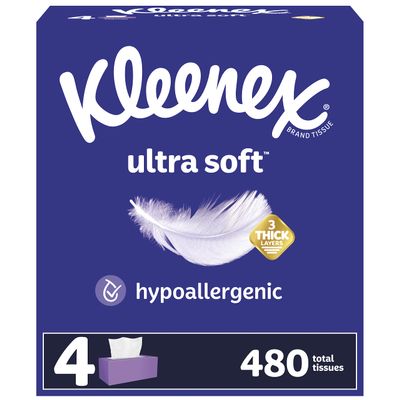 Kleenex Ultra Soft Facial Tissues, Soft Facial Tissue, 4 Flat Boxes, 120 Tissues per Box, 3-Ply (480 Total Tissues)