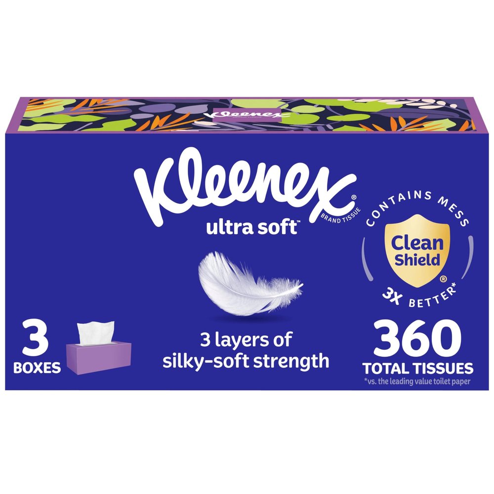 Kleenex Ultra Soft Facial Tissues, 3 Flat Boxes, 120 Tissues per Box, 3-Ply (360 Total), Packaging May Vary