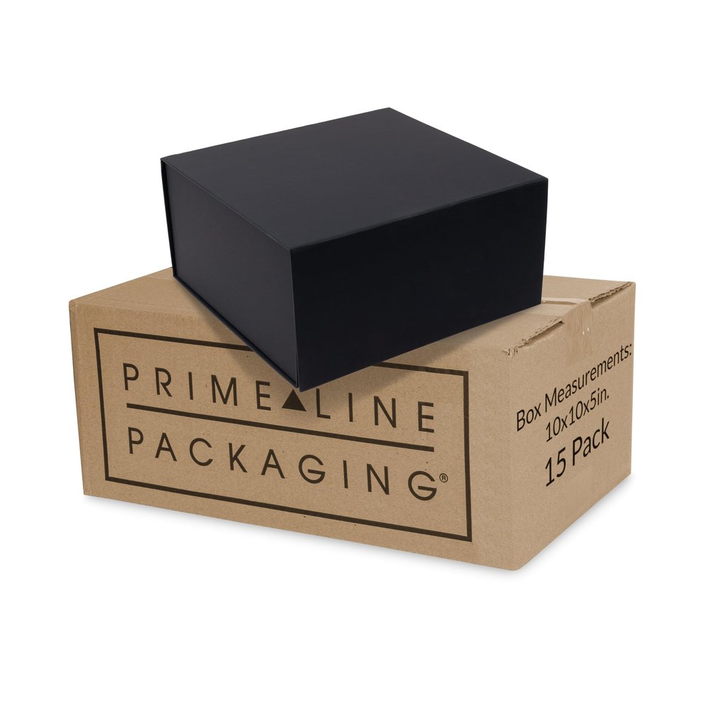 Prime Line Packaging Christmas Gift Boxes with Lids, Holiday Gift Boxes for Presents, Medium Black Gift Box, Collapsible for Wrapping, Birthdays, Weddings, Bulk, 10x10x5, 15 Pack