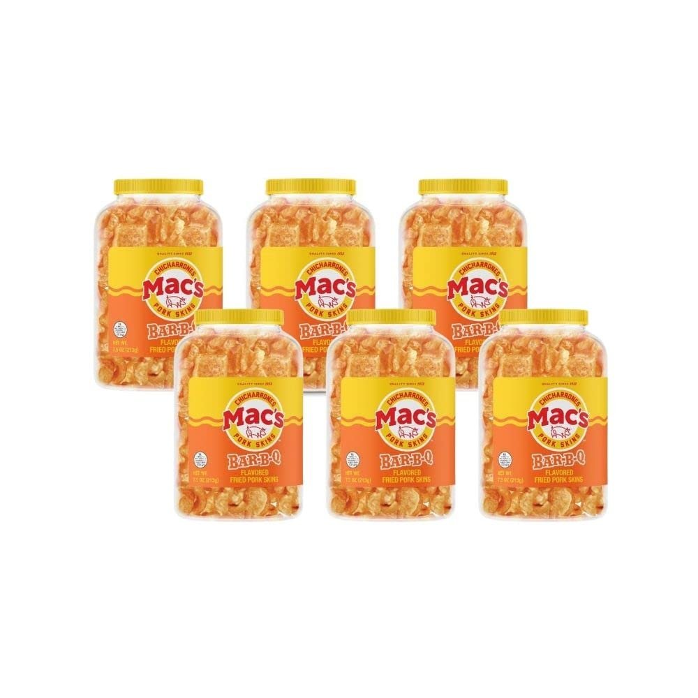 Mac's BBQ Pork Skin Canisters, Organic, Gluten Free, Keto Friendly Snacks, 7.5oz (Pack of 6)