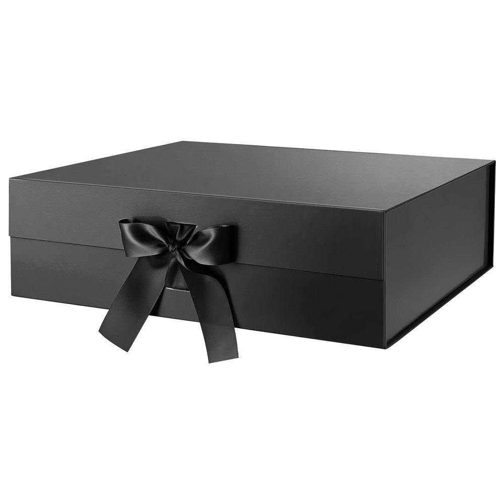 BLK&WH Extra Large Gift Box with Ribbon - 16.3x14.2x5 Inches, Black Groomsman Proposal Box for Large Gifts and Clothes (Glossy)