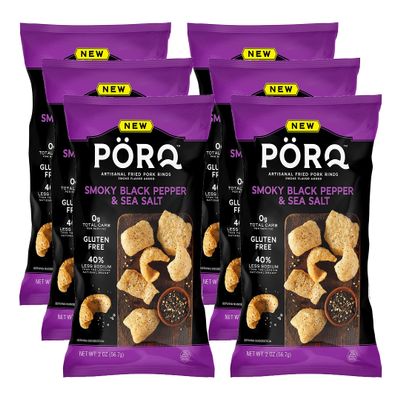 PORQ Artisanal Fried Pork Rinds, Smoky Black Pepper & Sea Salt with Smoke Flavor Added, Gluten Free, Low Carb & Keto Friendly Snack, 2-Ounce Bag (Pack of 6)