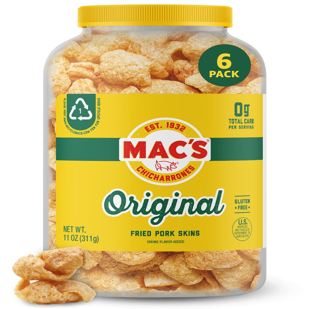 Mac's Original Fried Pork Skins - Original Flavored Chicharrones Pork Rinds - Low Carb, Gluten-Free, Keto-Friendly Snack- 7.5oz (6-Pack)