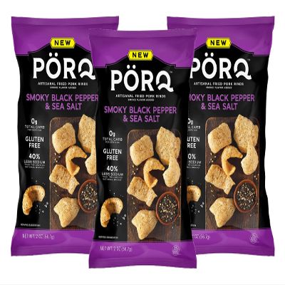 PORQ Artisanal Fried Pork Rinds, Smoky Black Pepper & Sea Salt with Smoke Flavor Added, Gluten Free & Keto Friendly Snack, 2-Ounce Bag (Pack of 3)