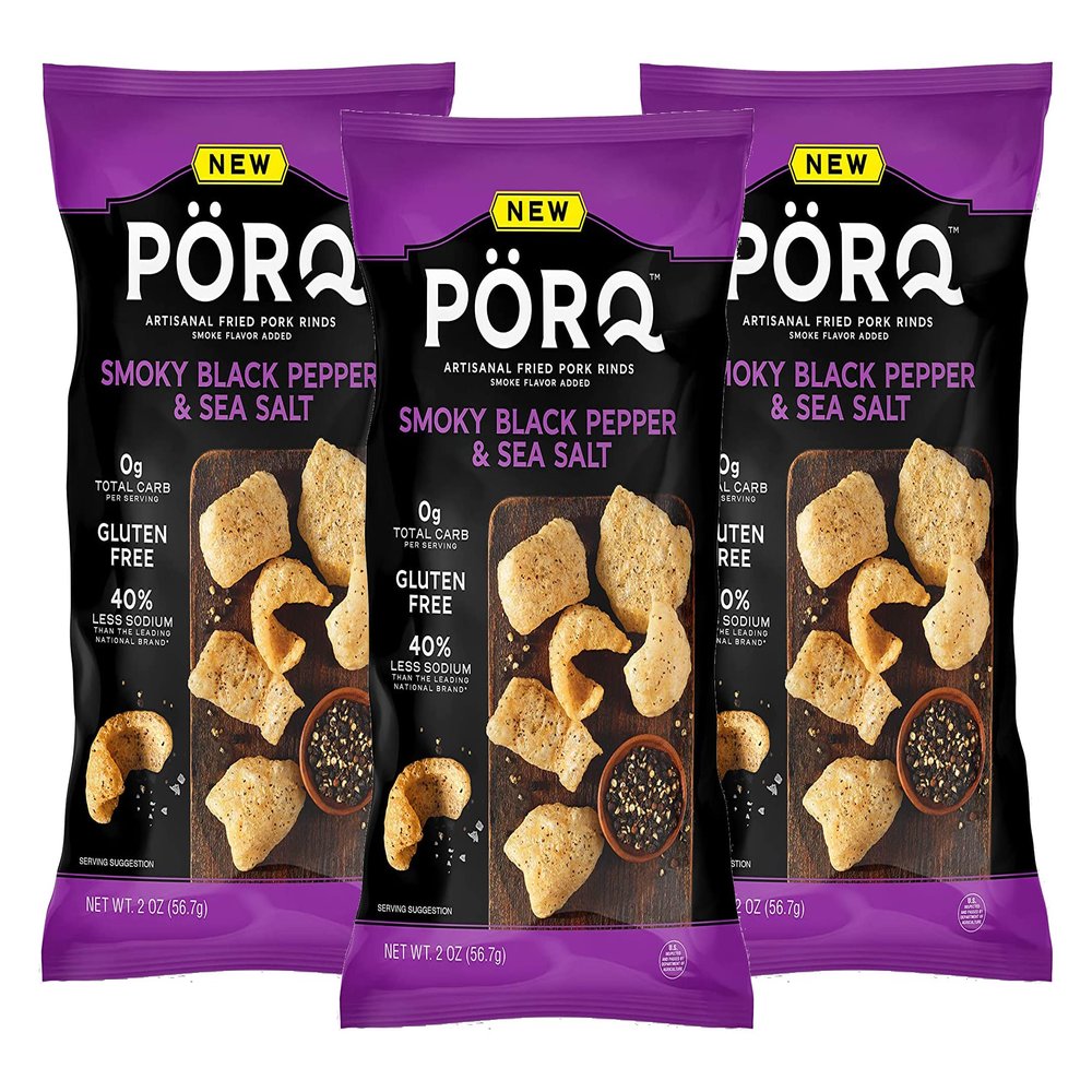 PORQ Artisanal Fried Pork Rinds, Smoky Black Pepper & Sea Salt with Smoke Flavor Added, Gluten Free & Keto Friendly Snack, 2-Ounce Bag (Pack of 3)