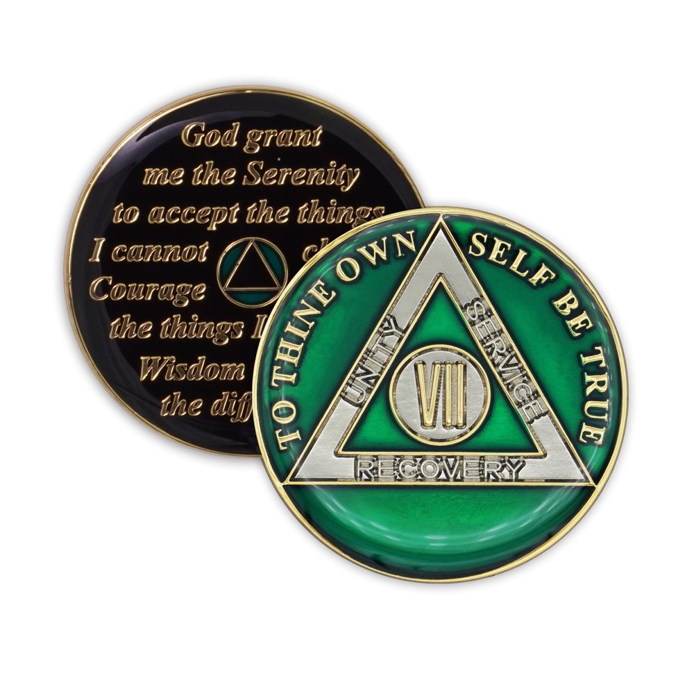7 Year Sobriety Coin | Triplate AA Chip Recovery Anniversary Token (Green)