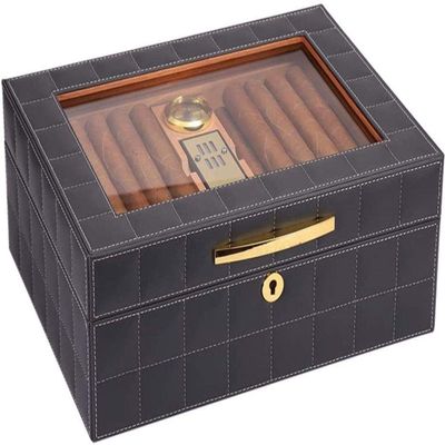 HongLianRiven Cigar Box Humidor Large-Capacity Leather Finish Cedar Wood Portable Cigar Case Double Storage (Color : Gray, Size : 32.5cm24.5cm12.5cm)