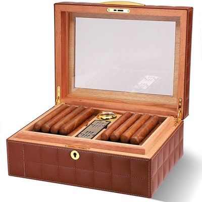 HongLianRiven Cigar Box Humidor Cigar Storage Box, Cigar Humidor, Cigar Box with Clear Glass and Removable Humidifier Hygrometer (Color : Brown)