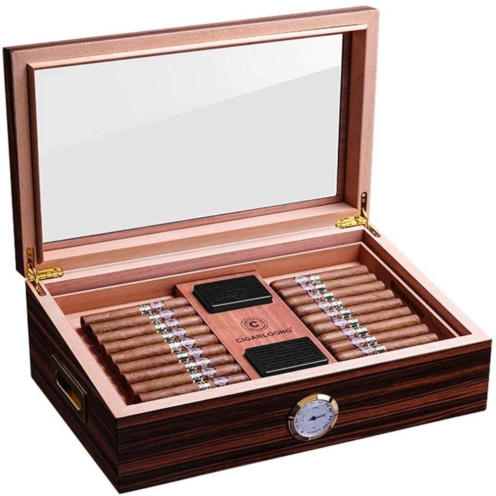 Cigar Box Humidor Cigar Ashtray Cigar Cover Transparent Window Cedar Wood Hollow Partition (Color : Brown, Size : 322811cm)