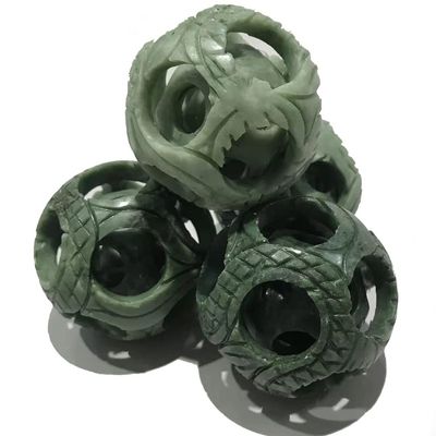 2" Natural Green Jade Stone Carved Nesting Baoding Balls, 2PCS Chinese Stress Balls Hand Therapy Exercise Balls Massage Balls M38