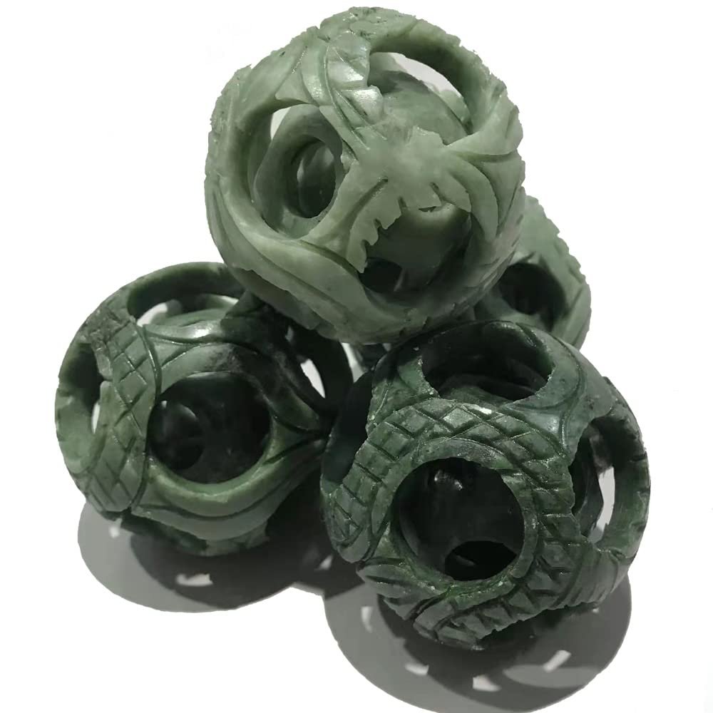 2" Natural Green Jade Stone Carved Nesting Baoding Balls, 2PCS Chinese Stress Balls Hand Therapy Exercise Balls Massage Balls M38