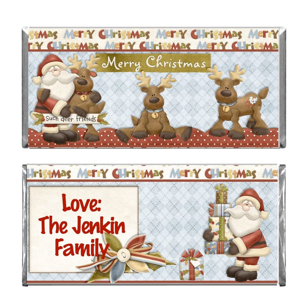 Blue Skies Plus Santa & Reindeer Personalized Custom Business or Personal Christmas Holiday WRAPPERS and Foils for Chocolate Candy Bars (50)