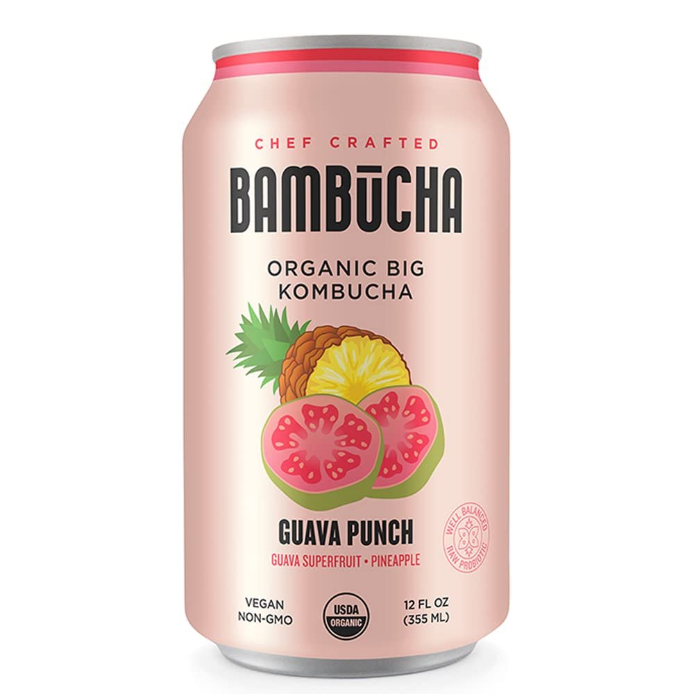 Bambucha Kombucha Guava Punch 12 Pack Case | Chef Crafted Flavor, 100% Raw Kombucha Tea Drink | Organic, Vegan, Gluten Free, Non GMO, Probiotic (12 Fl Oz Cans)