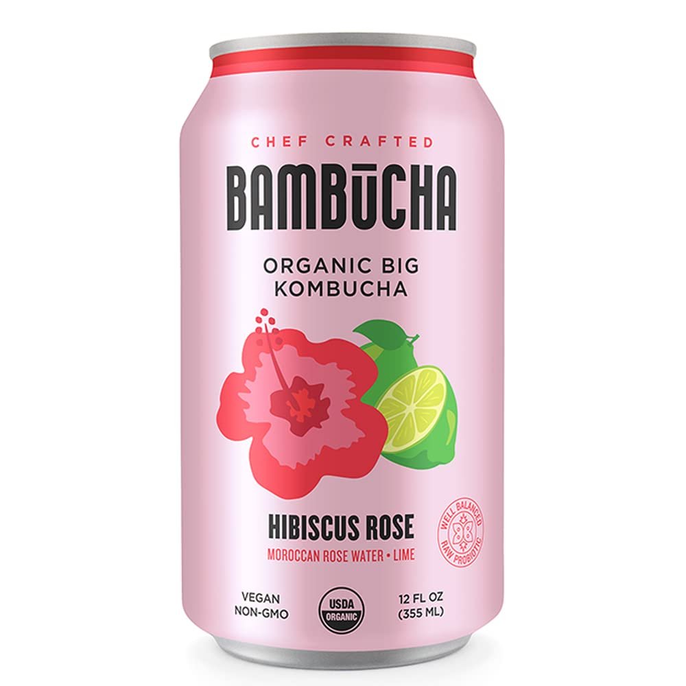 Bambucha Kombucha Hibiscus Rose 12 Pack Case | Chef Crafted Flavor, 100% Raw Kombucha Tea Drink | Organic, Vegan, Gluten Free, Non GMO, Probiotic (12 Fl Oz Cans)