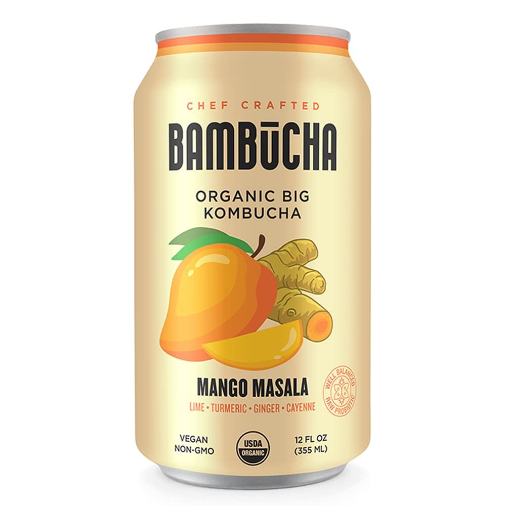 Bambucha Kombucha Mango Masala 12 Pack Case | Chef Crafted Flavor, 100% Raw Kombucha Tea Drink | Organic, Vegan, Gluten Free, Non GMO, Probiotic (12 Fl Oz Cans)
