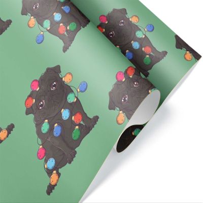 Black Pug Christmas Wrapping Paper, Premium X-Mas Lights Dog Gift Wrap, Cute Puppy Holiday Party Decoration Decor (One 20 inch x 30 inch sheet)