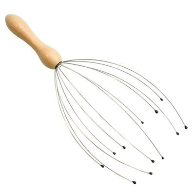 10inch Deluxe Comfort Portable Hand Held Scalp Head Massager  Alleviate Stress  Promotes Deep Relaxation  Light Weight Portable  Scalp Massager, Wood Handle Silver