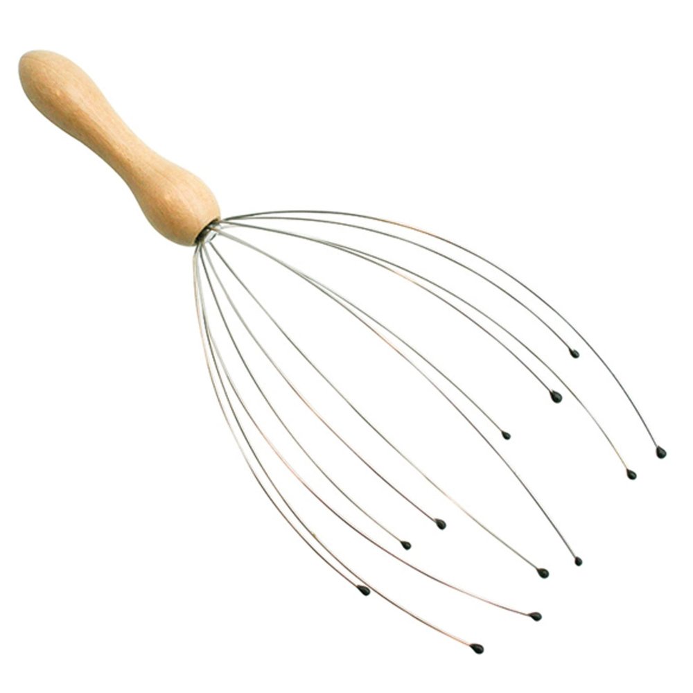 10inch Deluxe Comfort Portable Hand Held Scalp Head Massager Alleviate Stress Promotes Deep Relaxation Light Weight Portable Scalp Massager, Wood Handle Silver