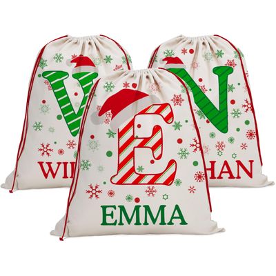 Personalized Santa Sack With Initial & Name - Set of 2 Custom Christmas Bags for Holiday Presents, 27" x 20" Canvas, Large Gift Sack - Delivery From Santa