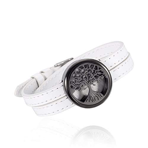 KBFDWEC Stainless Steel White Leather Strap Dial Aromatherapy Essential Oils Diffuser Perfume Free 12 Pads Keepsake Bracelet 2
