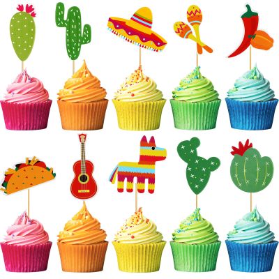 100 Pcs Fiesta Cupcake Topper Mexican Theme Cake Decoration Toppers Fiesta Party Decorations Mexican Decorations Taco Llama Sombrero Cactus for Summer Party Supplies