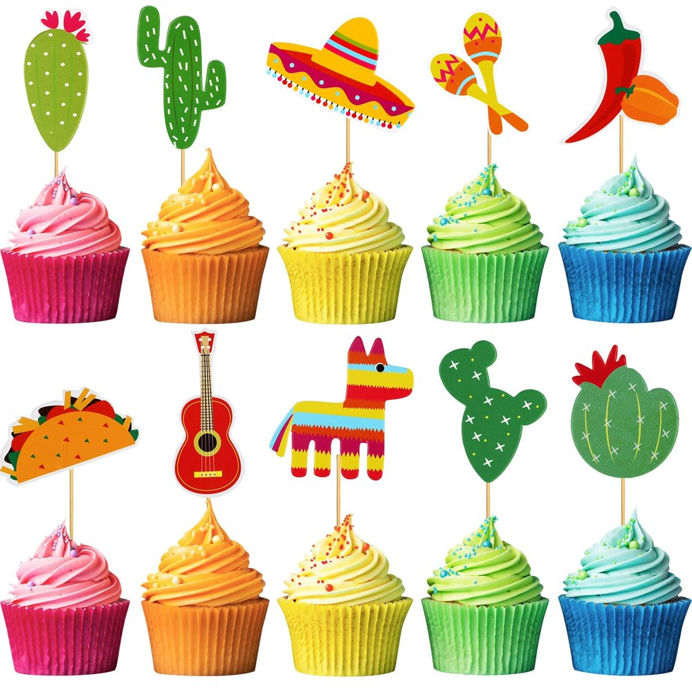 100 Pcs Fiesta Cupcake Topper Mexican Theme Cake Decoration Toppers Fiesta Party Decorations Mexican Decorations Taco Llama Sombrero Cactus for Summer Party Supplies