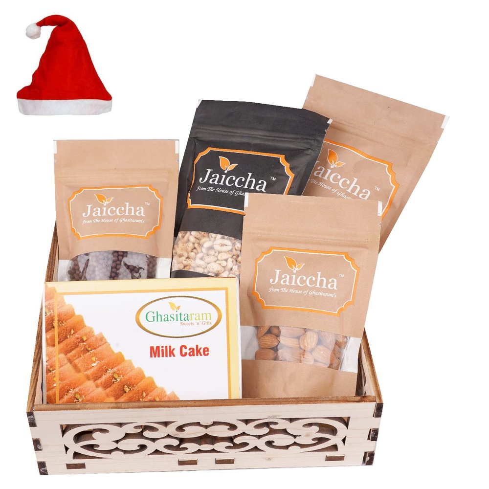 Jaiccha Ghasitaram Christmas Gifts Wooden Carved Basket of Milk Cake, Butter Chakli, Wheat Puffs, Rice Crispies and Almonds