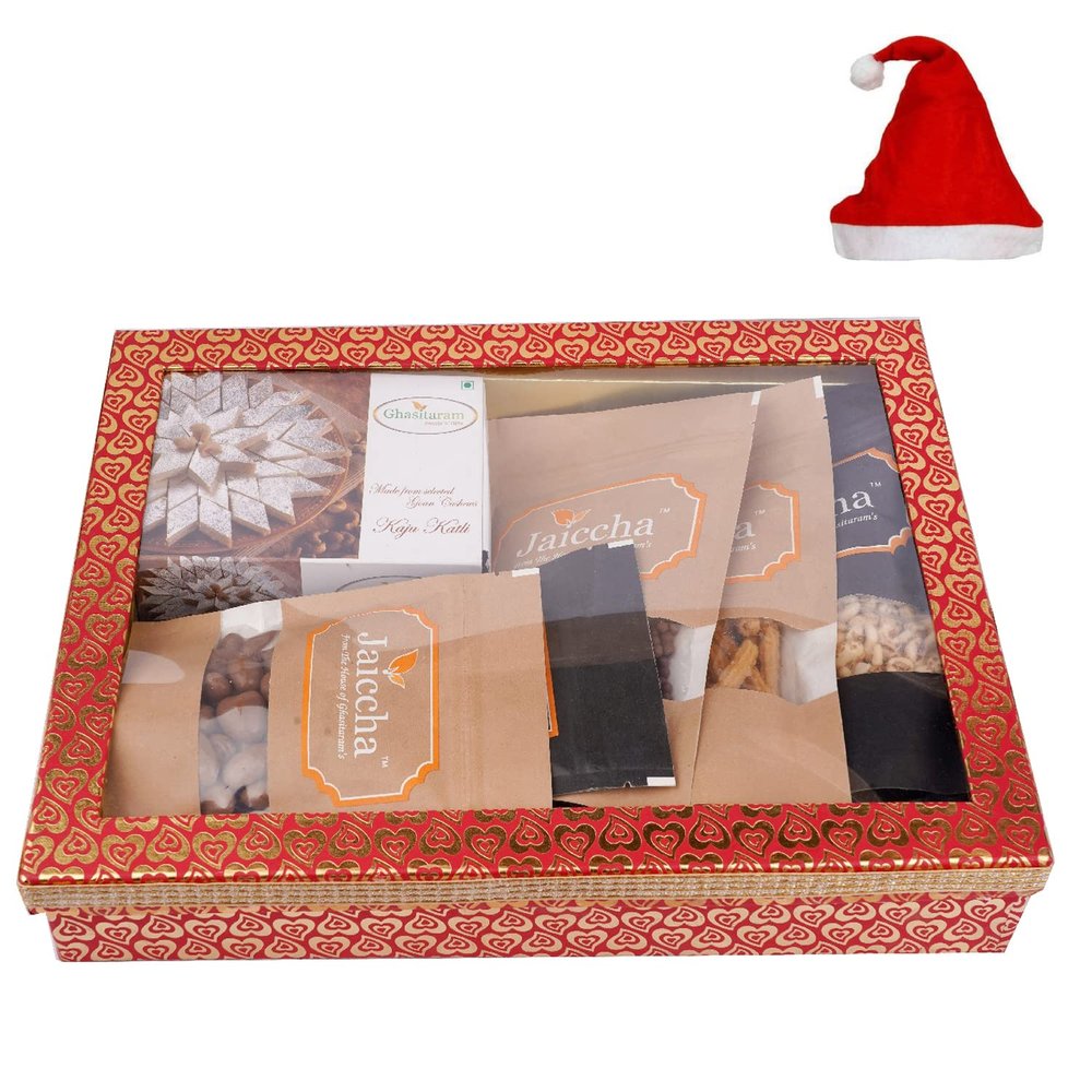 Jaiccha Ghasitaram Christmas Gifts Hamper Box 6 Goodies with Kaju Katlis