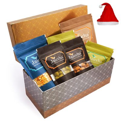 Jaiccha Ghasitaram Christmas Gifts Rectangle Box of Badang Bhel, Butter Chakli Sticks, Chocolate Coated Butterscotch, Chocolate Coated Raisins, Crunchy Coated Cashews and Crunchy Coated Peanuts