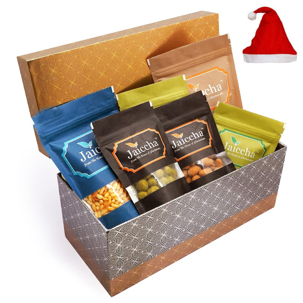 Jaiccha Ghasitaram Christmas Gifts Rectangle Box of Badang Bhel, Butter Chakli Sticks, Chocolate Coated Butterscotch, Chocolate Coated Raisins, Crunchy Coated Cashews and Crunchy Coated Peanuts