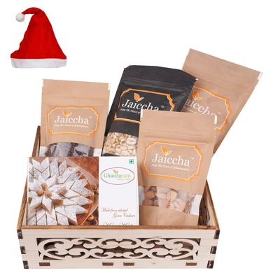 Jaiccha Ghasitaram Christmas Gifts Wooden Carved Basket of Kaju Katli, Butter Chakli, Wheat Puffs, Rice Crispies and Almonds