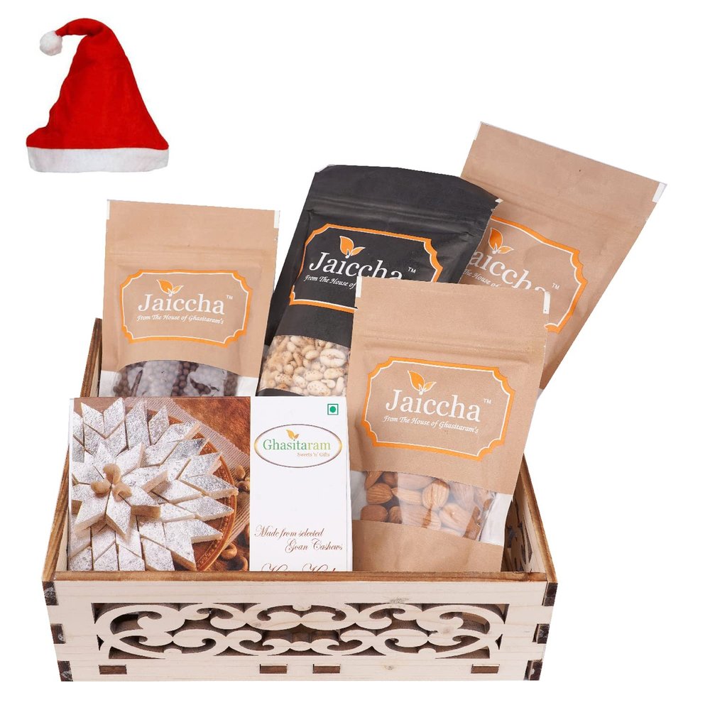 Jaiccha Ghasitaram Christmas Gifts Wooden Carved Basket of Kaju Katli, Butter Chakli, Wheat Puffs, Rice Crispies and Almonds