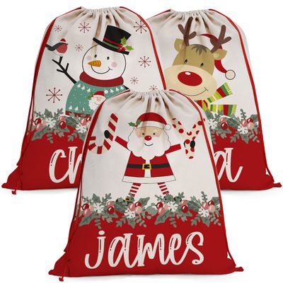 Set of 2, Personalized Santa Sack w/Drawstring - Name & Penguin, Deer, Snowman Designs - Custom Family Christmas Bag for Holiday Presents, 27" x 20" Canvas Santa Gift Bag - Delivery from Santa
