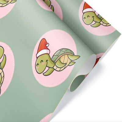 Green and Pink Santa Turtle Christmas Wrapping Paper, Premium X-Mas Sea Gift Wrap, Ocean Theme Holiday Party Decoration Decor (12 foot x 30 inch roll)