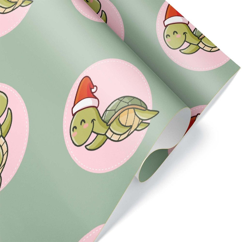 Green and Pink Santa Turtle Christmas Wrapping Paper, Premium X-Mas Sea Gift Wrap, Ocean Theme Holiday Party Decoration Decor (12 foot x 30 inch roll)