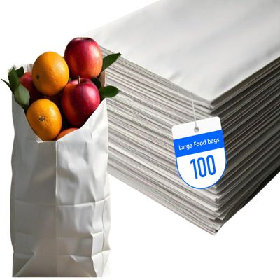 10LB White Paper Bags - Pack of 100, Regular Size, Great for Takeout Orders, Lunch Bags (6.3" X 4.4" X 13.4") - Durable, Reusable, Recyclable & Biodegradable, Ideal for Concessions, Cafes, and Delis
